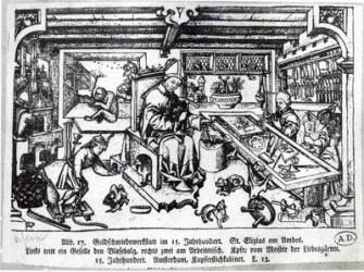 St. Eligius (c.588-660) as a goldsmith in his workshop, c.1450 (engraving) (b/w photo) | Obraz na stenu