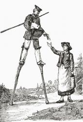 A postman in Landes, Bordeaux, France delivering letters whilst walking on stilts. This form of walking was adopted by many people in Bordeaux due to non existent roads and marshy, uneven terrain. From The Strand Magazine published 1897. | Obraz na stenu