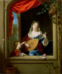 Elegant Lady Playing the Lute at a Window (panel) | Obraz na stenu