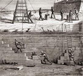 Workers in diving suits working on underwater constructions in the 19th century, from Les Merveilles de la Science, published c.1870 (engraving) | Obraz na stenu