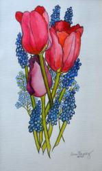 Tulips, Muscari and Forget-me-nots,2002, (watercolour) | Obraz na stenu