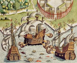 Naval Battle between the Portuguese and French in the Seas off the Potiguaran Territories, from 'Americae Tertia Pars...', 1592 (coloured engraving) | Obraz na stenu