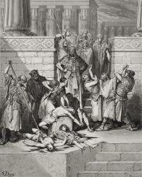 Slaughter of the Sons of Zedekiah before their Father, II Kings 25:7, illustration from Dore's 'The Holy Bible', engraved by Fournier, 1866 (engraving) | Obraz na stenu