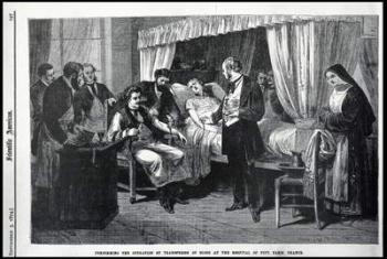 Performing the Operation of the Transfusion of Blood at the Hospital of Pity, Paris, France, illustration from the American Scientist (engraving) (b/w photo) | Obraz na stenu