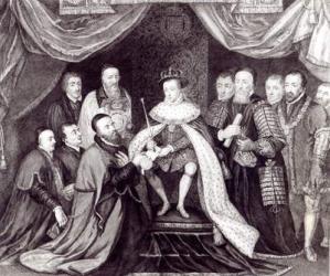 Edward VI Granting the Charter to Bridewell and Bethlehem Hospitals in 1553, engraved by George Vertue (1684-1756) pub. in 1750 (engraving) (b&w photo) (see also 124597) | Obraz na stenu