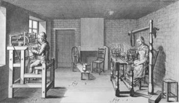 Loom for weaving stockings, illustration from the 'Encyclopedia' by Denis Diderot (1713-84) 1751-72 (engraving) (b/w photo) | Obraz na stenu