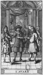 Moliere as Harpagon, frontispiece illustration from 'The Miser' by Moliere, engraved by Jean Sauve (fl.1660-91) edition 1682 (engraving) (b/w photo) | Obraz na stenu