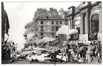 Day of 13 Vendemiaire an IV (5th October 1795), shoot-out before St. Roch church in Paris, engraved by Jean Duplessi-Bertaux (1747-1819) (etching) (b/w photo) | Obraz na stenu