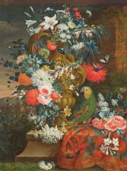 Bouquet of flowers and a parrot (oil on canvas) | Obraz na stenu