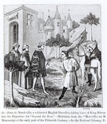 John de Mandeville taking leave of King Edward III (1312-77) before his departure, from 'Merveilles du Monde', illustration from 'Science and Literature in the Middle Ages and Renaissance', written and engraved by Paul Lacroix, 1878 (engraving) (b/w photo | Obraz na stenu
