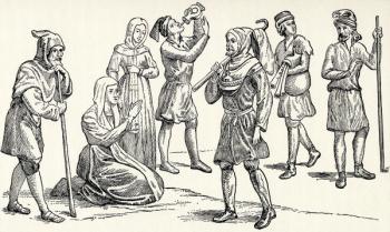 Costumes of common Spanish people in the thirteenth century, Spain, from 'Spain: A Summary of Spanish History from the Moorish Conquest to the Fall of Granada, 711-1492', by Henry Edward Watts, published in 1893 (litho) | Obraz na stenu