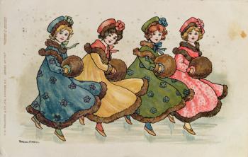 Four Young Girls with Muffs (colour litho) | Obraz na stenu