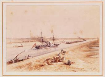 A Turkish Paddle Steamer Going Up the Suez Canal, from a souvenir album to commemorate the Voyage of Empress Eugenie (1826-1920) at the Inauguration in 1869 (w/c on paper) | Obraz na stenu