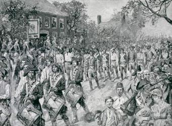 The Continental Army Marching Down the Old Bowery, New York, 25th November 1783, illustration from 'The Evacuation, 1783' by Eugene Lawrence, pub. in Harper's Weekly, 24th November 1883 (litho) | Obraz na stenu