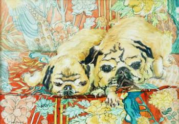 Pugs on a Chinese Print Sofa,2000,(watercolour) | Obraz na stenu