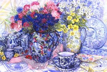 Cornflowers with Antique Jugs and Patterned Fabrics, 2012 (w/c on paper) | Obraz na stenu