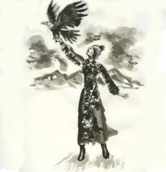 Girl with Falcon (Japanese Ink on paper) | Obraz na stenu