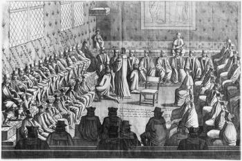 Session of Parliament presided by Regent Anne of Austria (1601-66) and Louis XIV (1638-1715) (engraving) (b/w photo) | Obraz na stenu