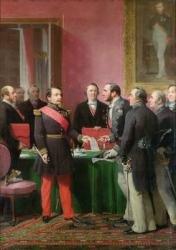 Napoleon III (1808-73) Hands Over The Decree allowing the Annexation of the Suburban Communes of Paris to Baron Georges Haussmann (1809-91) in June 1859 (oil on canvas) | Obraz na stenu