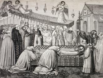 The death of St. Benedict of Nursia in the Abbey of Monte Cassino, from 'Military and Religious Life in the Middle Ages' by Paul Lacroix, published London c.1880 (litho) | Obraz na stenu