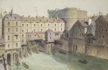 View of Petit Chatelet and the Petit Pont in 1717, illustration from 'Paris Through The Ages' engraved by Philippe Benoist (1813-c.1905) 1885 (colour litho) | Obraz na stenu