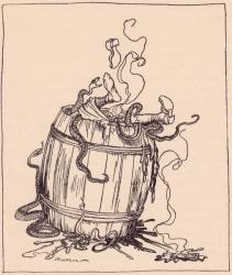 The wicked mother-in-law was put into a barrel full of boiling oil and venomous snakes. Illustration by Arthur Rackham from Grimm's Fairy Tale, The Twelve Brothers, published late 19th century. | Obraz na stenu