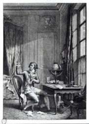St. Preux Receiving the Portrait of Julie, illustration from 'La Nouvelle Heloise' by Jean-Jacques Rousseau (1712-78) (engraving) (b/w photo) | Obraz na stenu