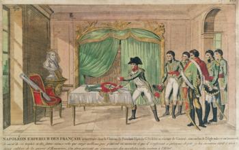 Emperor Napoleon I contemplating the sword of Frederick the Great at Potsdam in 1806 (colour engraving) | Obraz na stenu