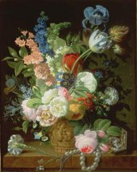 A Still Life of Roses, Tulips, Carnations, Stocks and Other Flowers in a Decorative Urn, Resting on a Stone Ledge | Obraz na stenu