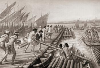 Phoenician sailors building a pontoon bridge across the Hellespont for Xerxes I of Persia enabling him to invade Greece, c. 480 BC. From Hutchinson's History of the Nations, published 1915. | Obraz na stenu