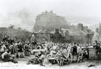 A Crowd Queues to Sign the National Covenant in front of Grey Friar's Churchyard, Edinburgh in 1638 (litho) (b/w photo) | Obraz na stenu