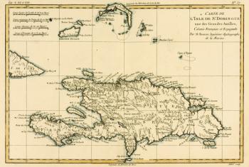 The French and Spanish Colony of the Island of St Dominic of the Greater Antilles, from 'Atlas de Toutes les Parties Connues du Globe Terrestre' by Guillaume Raynal (1713-96), published J L Pellet, Geneva, 1780 (coloured engraving) | Obraz na stenu