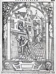 Emptying the Chamber Pots, illustration from 'Praxis rerum criminalium' by Joose de Damhouder, 1554 (woodcut) (b/w photo) | Obraz na stenu