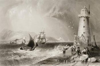 South Wall Lighthouse with Howth Hill in the Distance, Dublin, from 'Scenery and Antiquities of Ireland' by George Virtue, 1860s (engraving) | Obraz na stenu