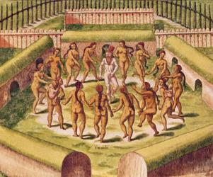 Dancing around a captive before the hut containing the Tamerkas or idols, from 'Americae Tertia Pars...', 1562 (coloured engraving) | Obraz na stenu