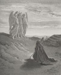 Abraham and the Three Angels, illustration from Dore's 'The Holy Bible', engraved by Ligny, 1866 (engraving) | Obraz na stenu