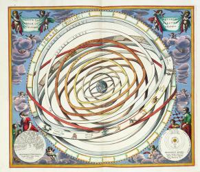 Planetary orbits, plate 18 from 'The Celestial Atlas, or the Harmony of the Universe' (Atlas coelestis seu harmonia macrocosmica) depicting the Ptolemaic and Tycho Brahe systems, pub. by Joannes Janssonius, Amsterdam, 1660-1 (engraving) | Obraz na stenu