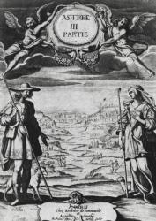 Astree and Celadon, illustration from 'Astree' by Honore d'Urfe (1557-1625) (engraving) (b/w photo) | Obraz na stenu