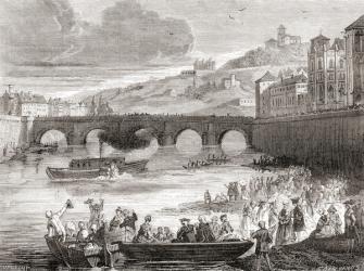 The first demonstration on the river Seine in France of the early experimental steamship Pyroscaphe, from Les Merveilles de la Science, pub.1870. | Obraz na stenu