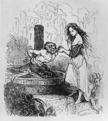 Esmeralda giving Quasimodo a drink, illustration from 'The Hunchback of Notre Dame' by Victor Hugo (engraving) (b/w photo) | Obraz na stenu