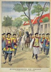 European foreigners under armed escort by Chinese regular soldiers during the Boxer rebellion of 1899-1901, illustration from 'Le Petit Journal', 18 July, 1900 (colour litho) | Obraz na stenu