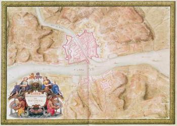 Ms 988 tome 3 fol.45 Plan and map of the town and citadel of Bayonne, from the 'Atlas Louis XIV', 1683-88 (gouache on paper) | Obraz na stenu