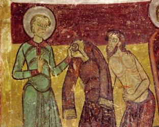 Saint Giles gives his cloak to the sick beggar, 12th century (fresco) | Obraz na stenu