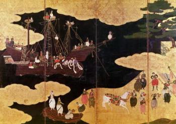 The Arrival of the Portuguese in Japan, detail of the left-hand section of a folding screen, Kano School (lacquer) | Obraz na stenu