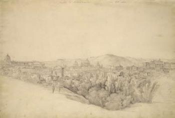 View from the Sabine hills over Tivoli in Campania with the gorge of the Anio on the right (pencil with sepia wash on paper) | Obraz na stenu
