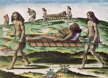 Hermaphrodites Transporting the Injured, from 'Brevis Narratio...', published by Theodore de Bry, 1591 (coloured engraving) | Obraz na stenu