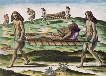 Hermaphrodites Transporting the Injured, from 'Brevis Narratio...', published by Theodore de Bry, 1591 (coloured engraving) | Obraz na stenu