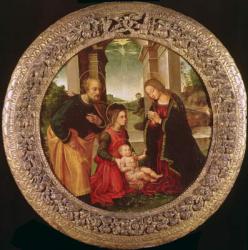 The Holy Family with an Angel (oil on panel) | Obraz na stenu