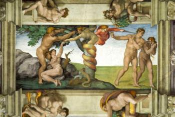 Sistine Chapel Ceiling: The Fall of Man and the Expulsion from the Garden of Eden, with four Ignudi, 1510 (fresco) (post-restoration) | Obraz na stenu
