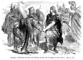 Meeting of Edmund Ironside (981?-1016) and Canute (994?-1035) on the Isle of Alney in the Severn in 1016 (engraving) (b&w photo) | Obraz na stenu